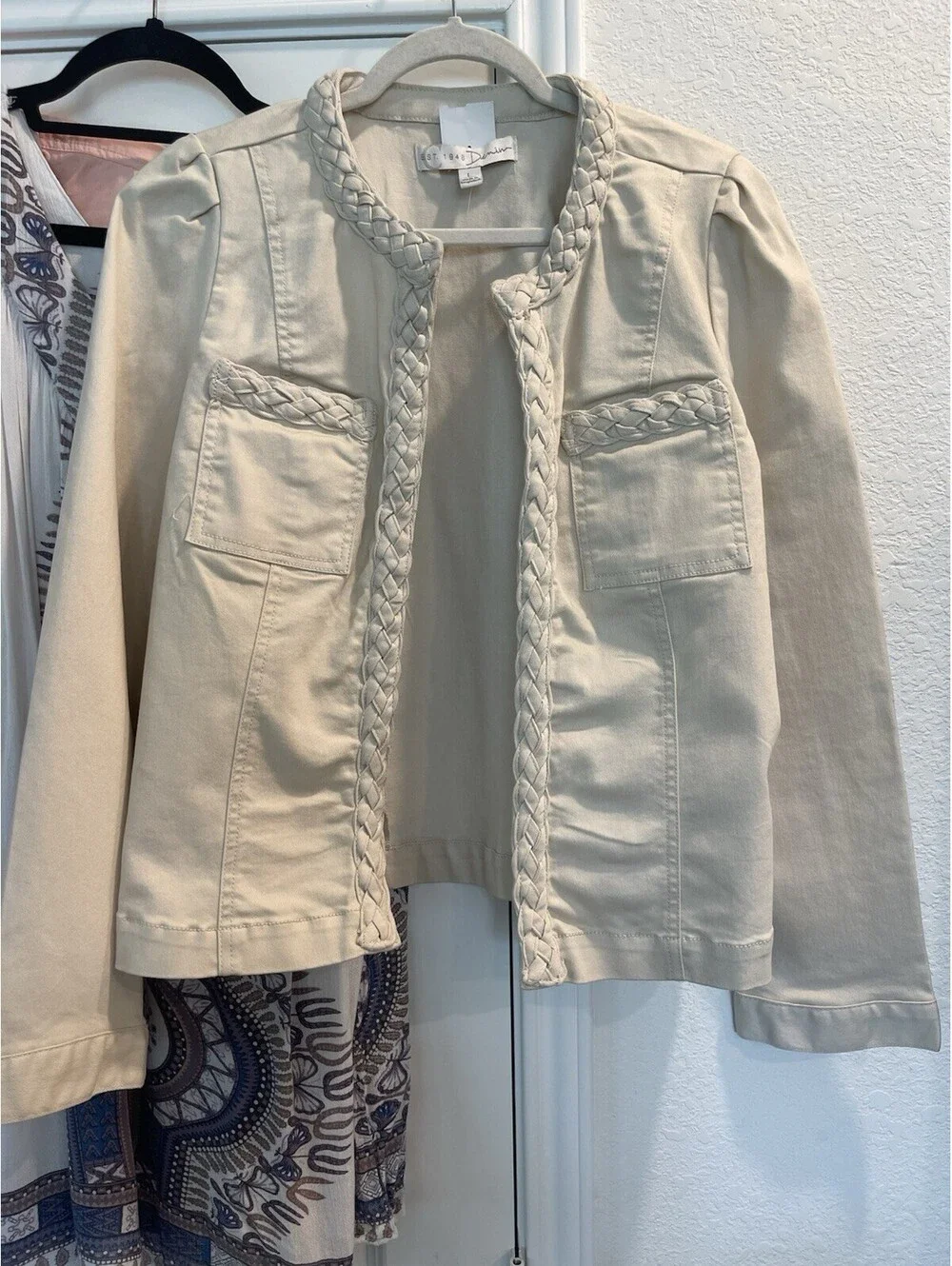 Established 1962 Cream Denim Jean Jacket Braided Trim And Collar